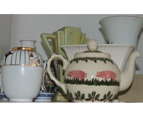 A small quantity of ceramics, including a Keith Murray style Royal Doulton vase, an Art Deco vase, Wemyss style teapot and su