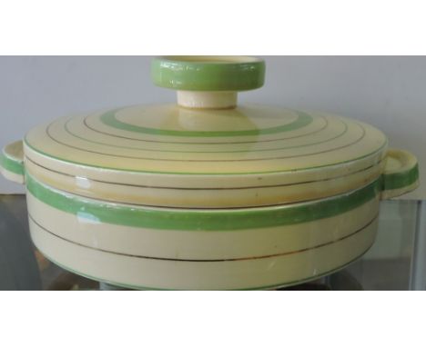 A Clarice Cliff circular tureen and cover with green and gilt band decoration, Wilkinson mark.