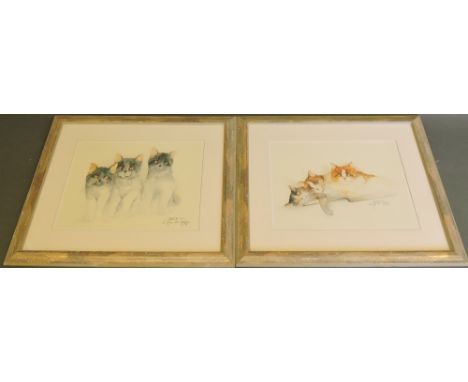 Dede, Three Cats, lithograph, 30 x 40cm, together with another similar work, (2)