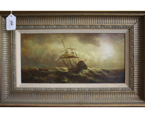 20th century Continental school, Sailing Vessel in Heavy Weather, oil on panel, indistinctly signed lower right, 19cm x 38cm;