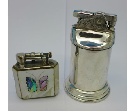 A silver lighter marked Gorham and one other lighter with mother of pearl butterfly