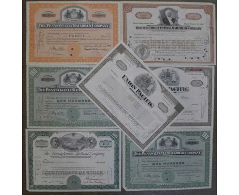 Seven American share certificates, Pennsylvania Railroad Company, (4), Union Pacific, (2) and NY Central Railroad Co., (1)