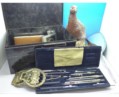 An ARP Warden's First Aid case, a drawing set, AA badge, hip flasks, a Beswick Famous Grouse Whisky decanter lacking contents