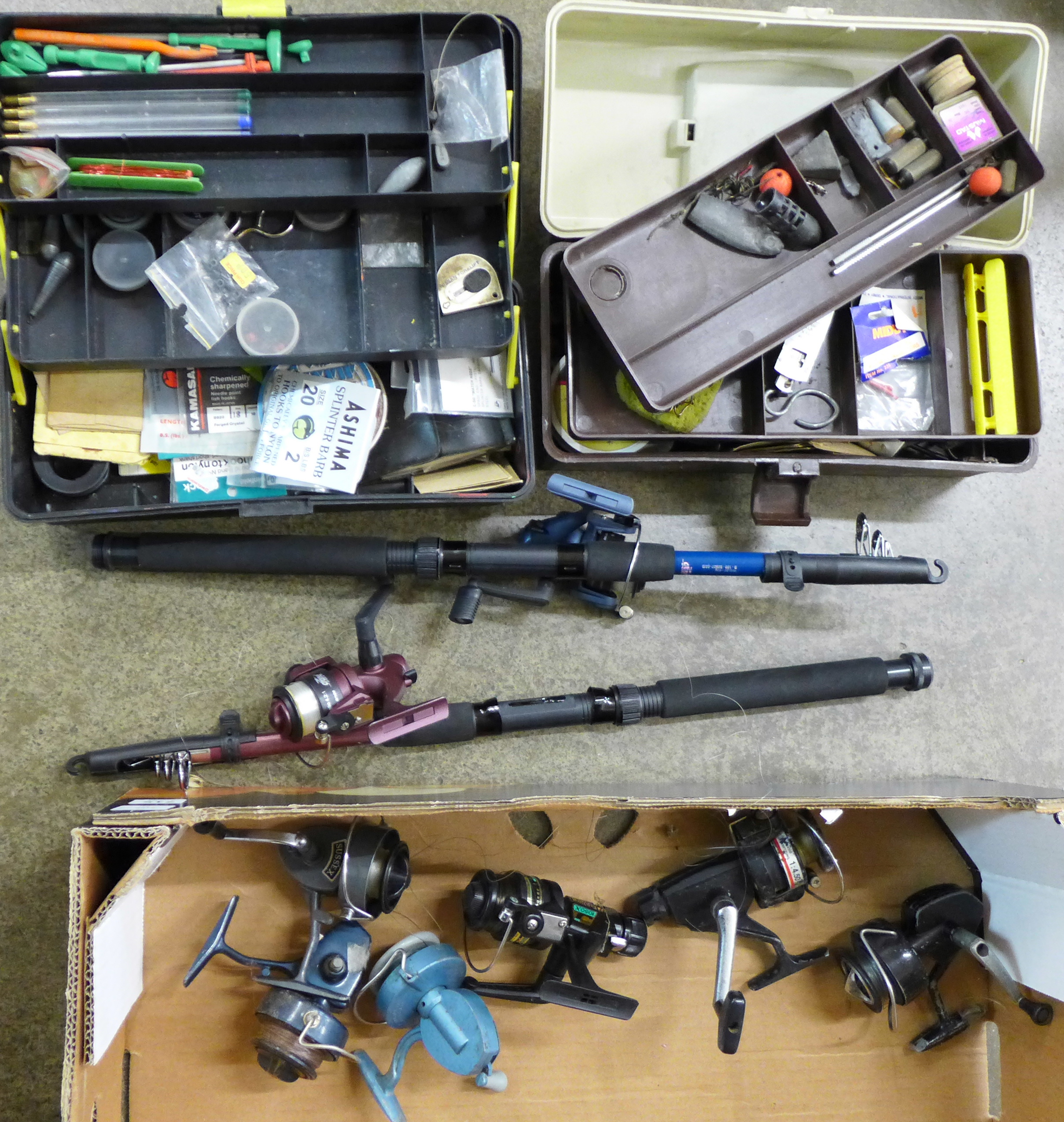 Coarse fishing equipment including nine fishing reels, two telescopic