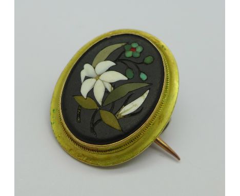 A yellow metal set Pietra Dura brooch, tests as 18ct gold, 5g, made from a stick pin