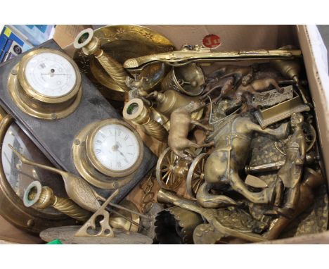 Box of brassware, horses, sundial, bells, barometer etc