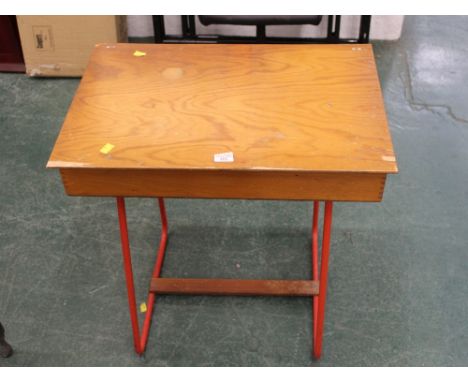 Vintage child's desk on red metal legs, height 70 cm, width 65 cm, depth 45 cm