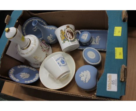 Box of Coronation cups, saucers, Coalport bell, Wedgwood blue Jasperware, etc 