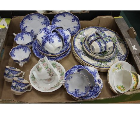 Box of Royal Doulton Merryweather coffee cans and saucers and Foley China blue and white part tea set with gilded edge, Royal