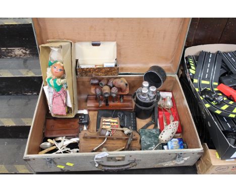 Vintage suitcase, Pelham puppet - Dutch girl, pipes and pipe rack, cutlery etc