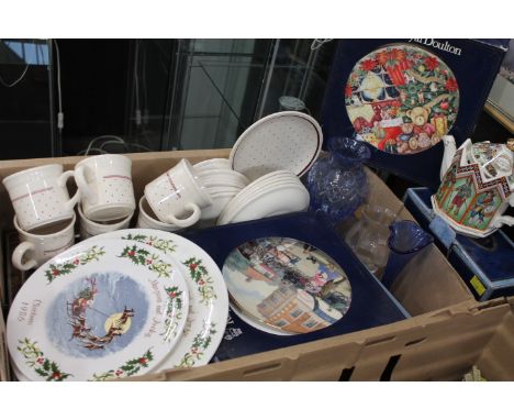 Box of Royal Doulton collectors plates, Saddler King Charles I novelty teapot, glassware etc  