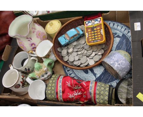 Box of Texas Instruments Little Professor calculator, Corgi Triumph Acclaim, coins, jugs, etc 