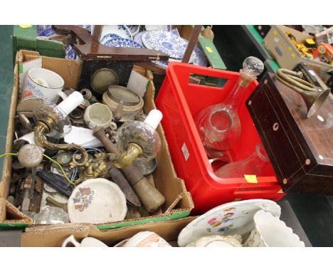 Two boxes of mother of pearl inlaid box, coffee cans, coins, vintage Brinco Wire No. 2 stapler, etc 