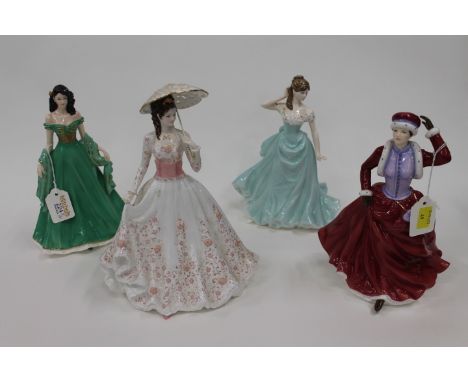 Coalport figures Lisa, With this Ring, Royal Doulton Elena and Royal Worcester The Garden Party 