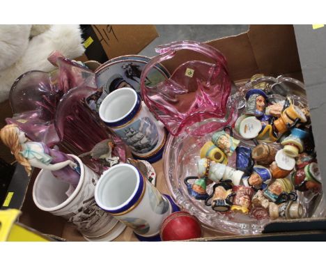 Box of miniature character jugs, Royal Worcester Danbury Mint Great Jockey plates, cranberry glass etc