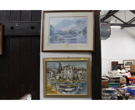 Joe Bedows, signed limited edition print of Grange in Borrowdale, 98/350, and Harbour scene 