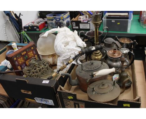 Two boxes of brass letter rack, Bavarian pipe, Victorian christening gowns, The Lesley Hones Perpetual Challenge Cup presente