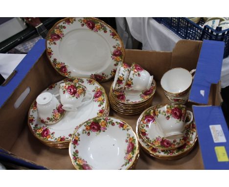 Box of Fenton China Company teacups, saucers, plates etc in the Country Rose style 