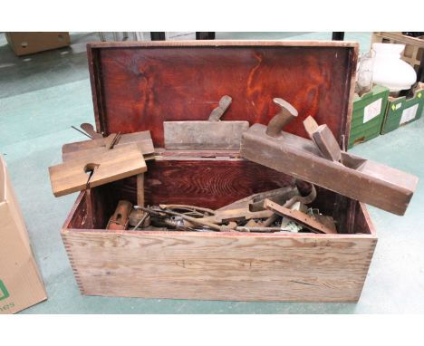Box of vintage tools, wooden planes, screwdrivers, drill bits, etc 
