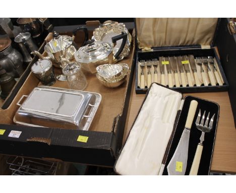 Two boxes of cutlery and box of Danish preserve pot, teapot, serving dish, etc 