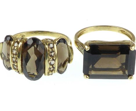 Two 9ct gold rings, one with corner claw set smoky quartz and tiny white stone shoulders, size Q, approx 4.5g, the other with