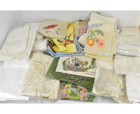 Various mixed vintage textiles to include tapestry cushion fronts, embroidered cushion covers, crochet apron, embroidered pic