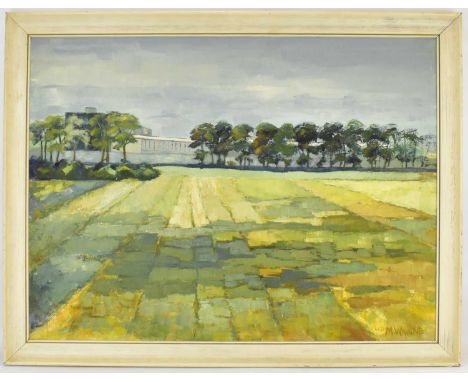 M. WYNNE (British); oil on board, fields with buildings to the distance, signed lower right, 60 x 81cm, framed.