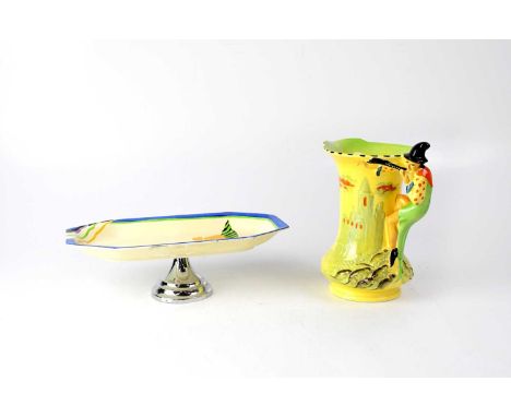 CLARICE CLIFF; a rectangular comport to Art Deco chrome base, length 30cm, and a circa 1930s Burslem jug with figural charact