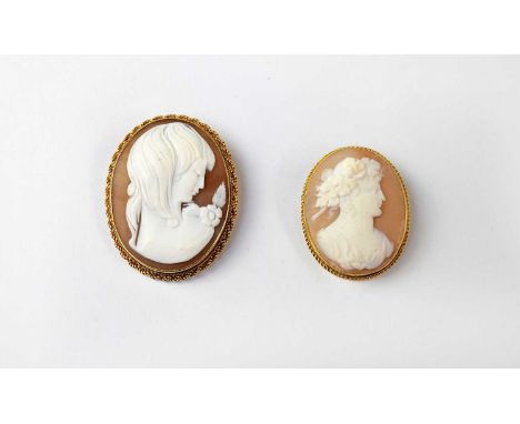 Two 9ct gold cameo brooches, one carved with a contemporary portrait of a girl, the other a Classical lady, both hallmarked 9