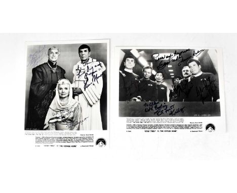 STAR TREK IV: THE VOYAGE HOME; two black and white promotional photographs bearing the signatures of DeForest Kelly, George T