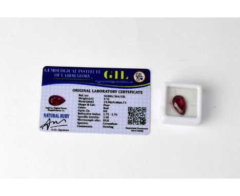 A loose 9.72 carat pear-shaped ruby with GIL laboratory certificate.