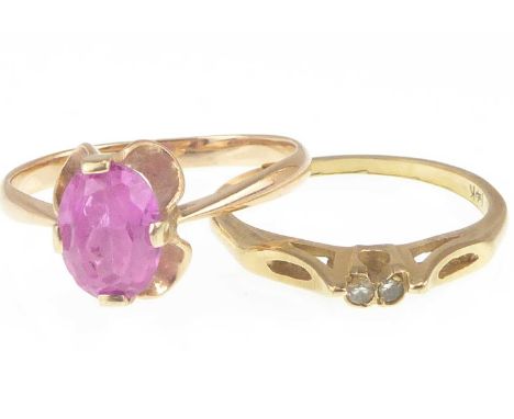 A 9ct gold dress ring, one with claw set pink oval stone, size R, approx. 2.5g and a 14ct ring set with two tiny white stones