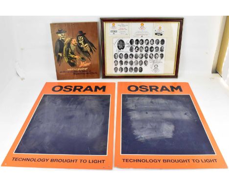 OSRAM; two advertising chalkboards, each 60.5 x 40cm, an oil painting on board depicting a man begging, two black-cloaked ske