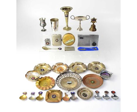 Various maritime related plated and white metal shipping line related items to include caddy spoons, stem vase, ashtrays, bow