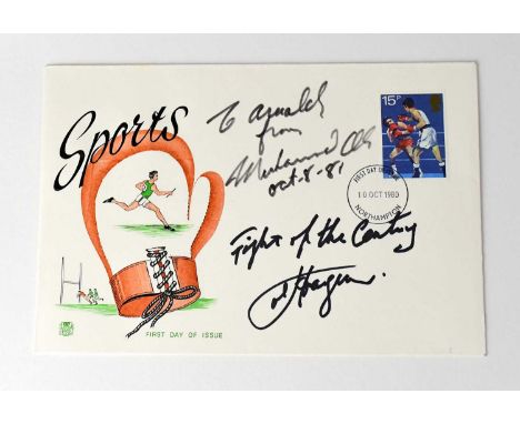 MUHAMMED ALI &amp; JOE FRAZIER; a first day cover bearing dedication and signatures of both boxers, Muhammed Ali and Joe Fraz