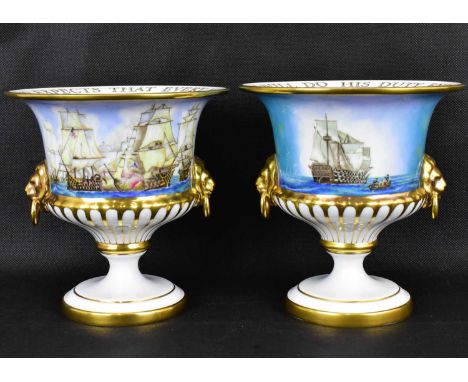 ROYAL WORCESTER; a pair of Naval commemorative vases from the Nelson Collection, to commemorate the HMS Victory and Bucentaur