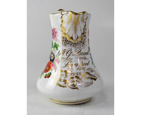 A 19th century hand painted gilt-heightened jug, inscribed to the front 'W. G. Quirke Liverpool 1858', height 19cm (af).Condi