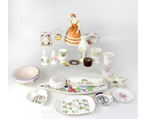 A mixed lot of collectible ceramics to include Coalport Ladies of Fashion 'Lynn' figure, a Spode mantel clock, Aynsley Cottag