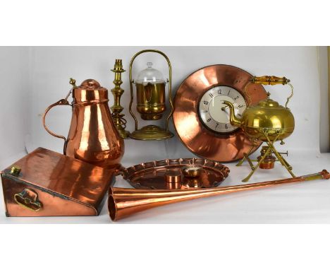 A 19th century Arts and Crafts style copper vessel with brass finial, height 34cm, an Arts and Crafts copper slipper/foot war