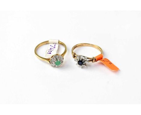 Two 9ct gold cluster rings, one set with sapphire and diamonds, Size M, the other emerald and diamonds, size N1/2, both stamp