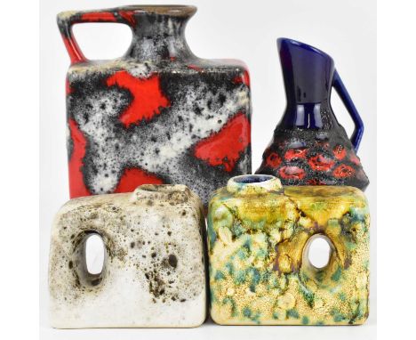 WEST GERMAN POTTERY; four small ceramic vases, three of slab form, the other with blue and volcanic finish, tallest 15cm, sma