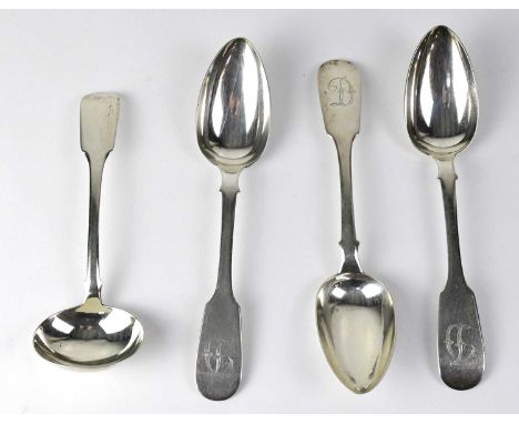 Three Russian hallmarked silver Fiddle pattern tablespoons by Kordes, initialled 'D', together with a Victorian hallmarked si