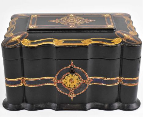 JENNENS & BETTRIDGE; a 19th century inlaid papier mâché tea caddy with serpentine front, gilt and enamel decoration, twin com