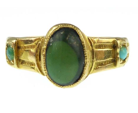 A late 19th/early 20th century 15ct gold turquoise and bezel set green stone ring, size K, approx. 1.8g.