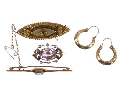 A 9ct gold lozenge-shaped mourning brooch with central ruby and six tiny seed pearls (one missing), length 4.5cm, a 9ct gold 