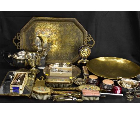 Miscellaneous metalware to include a large brass Chinese dish, 6 x 38cm, a three-piece silver plated tea service, a gilt meta