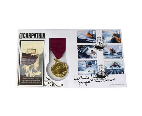TITANIC; a first day cover with copy commemorative medal bearing the signature of the youngest Titanic survivor, Millvina Dea