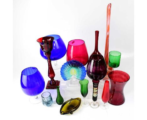 Various 20th century coloured glassware to include large wine glasses, a Romanian Romblast studio glass vase, a moulded model