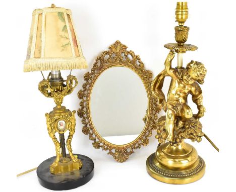 Two gilt metal and brass table lamps, one of French style with three painted oval panels in the Sèvres manner, height to top 