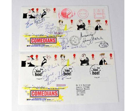 THE GOONS; two first day covers bearing the signatures of the iconic ensemble, Eric Sykes, Spike Milligan (with doodle), and 